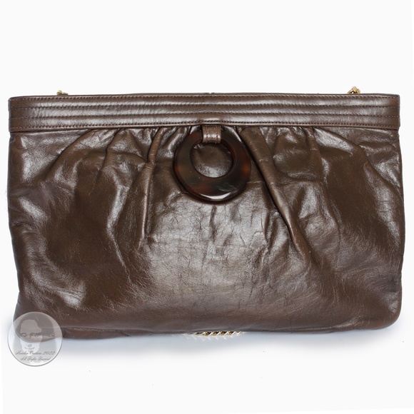 Morris Moskowitz Clutch Shoulder Bag Brown Leather Mod Resin Ring Chain Strap - Picture 7 of 11